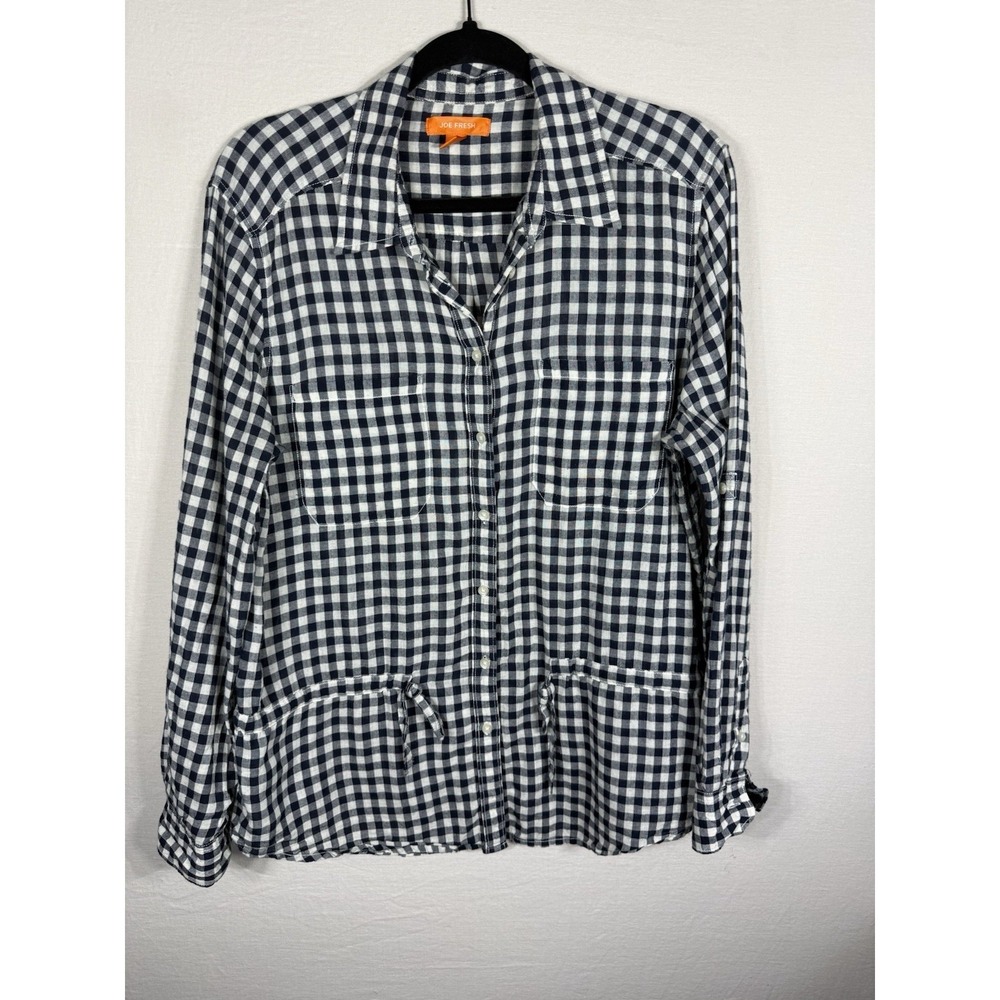 Joe Fresh Gingham Button Front Top Womens Large Blue White Check Cotton